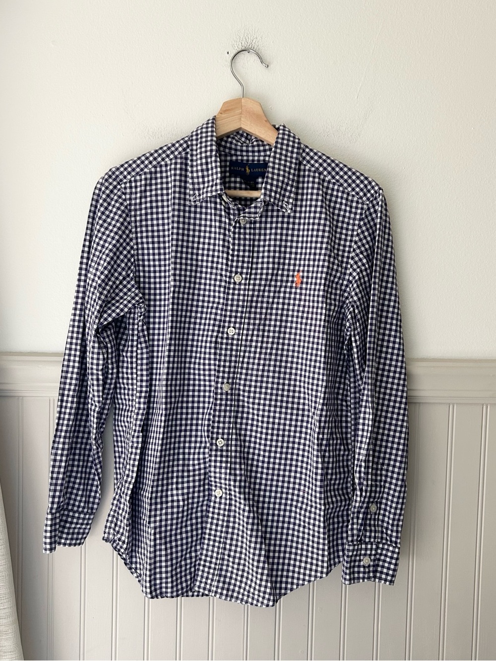 Ralph Lauren Boys Navy White Gingham Button Up Shirt 14-16 Long Sleeve